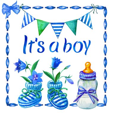 Elinde bebek şişesi, paçası, bayrakları ve çanı olan çiçekleri olan bir erkek çocuk için tebrik kartı. Üzerinde 