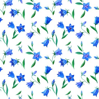 BlueBell çiçekleri beyaz arka planda pürüzsüz desen, suluboya çizimi. Kumaş ve diğer tasarımlar için arkaplan.