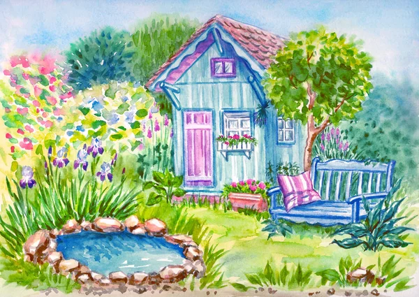 Small house and bench in a flowered garden with a decorative pond, watercolor illustration.