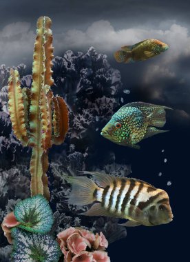 Bulutlu, karanlık bir gökyüzüne karşı tropikal balık ve bitkiler, fantastik hikaye, sürrealizm, fotoğraf kolajı.