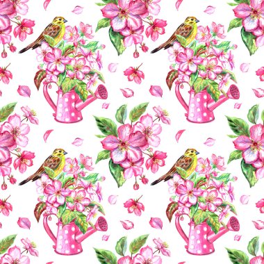 Kırmızı elma ağacının kusursuz dalları, bir buket ve bir kuşla sulama tenekesi, sulu boya çizimi, kumaş için çiçek deseni ve diğer tasarımlar..