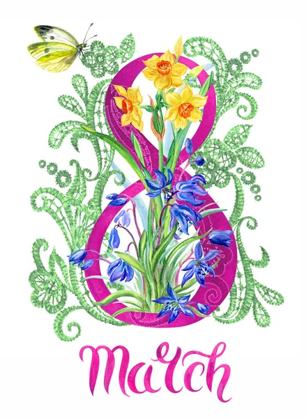 3月8日妇女节的贺卡 八幅花边 春花麝香和水仙花 蝴蝶和题词 水彩画 — 图库照片