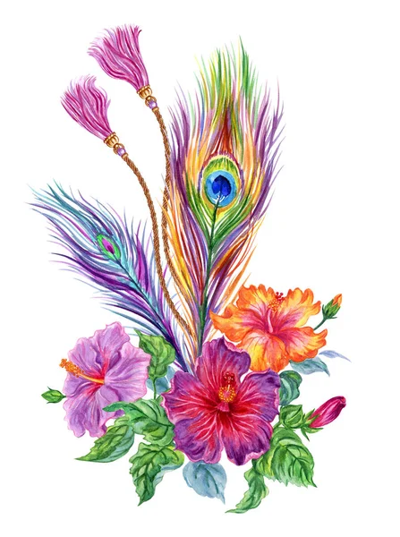 Ramo Flores Hibisco Con Plumas Pavo Real Cordones Ilustración Acuarela —  Fotos de Stock