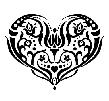 Barok bir şablonla kalbini aç. Sevgililer Günü için siyah-beyaz vektör çizimi, romantik bir tebrik kartı, grafik baskı, dövme.