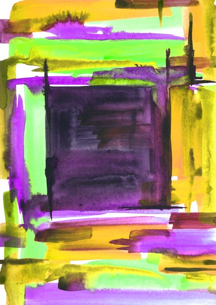 Abstract painting with a black square in a colorful frame, checkered background, expressive watercolor.