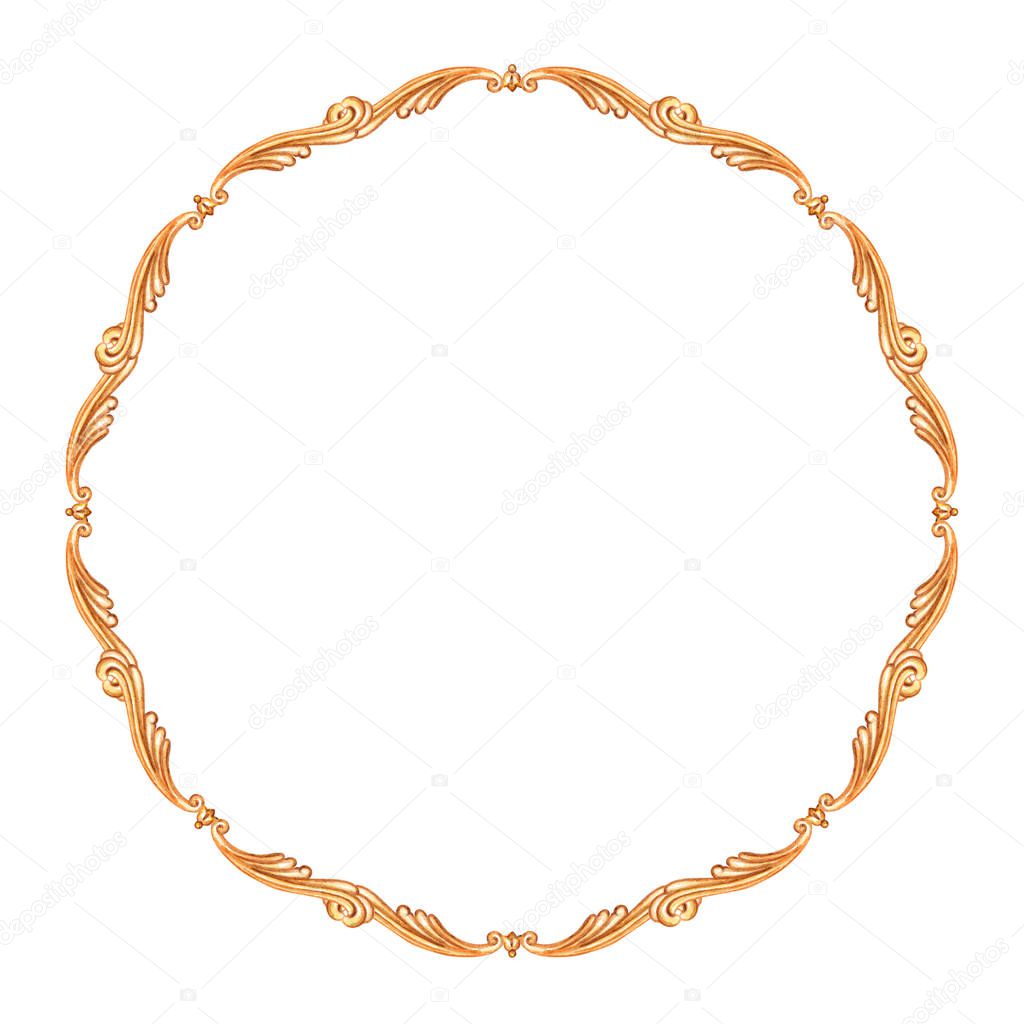 Golden round baroque frame, watercolor painting on a white background, isolated. Clipart with a pattern for greeting cards, painting dishes, decorative plates, etc.