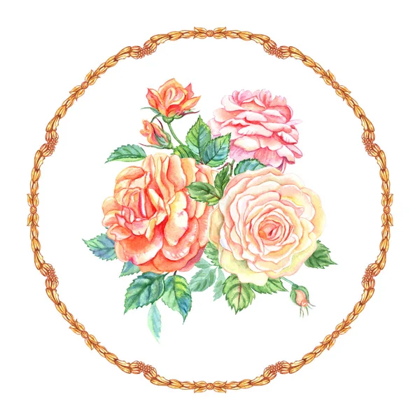 Bouquet of roses in a baroque patterned golden frame, watercolor illustration on a white background, isolated. Flowers in a round frame, painting for dishes, composition for postcards and other designs.