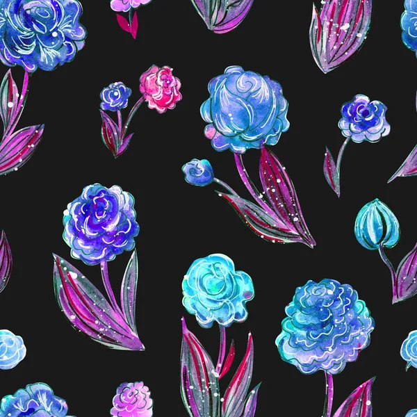 Nahtloses Muster Abstrakter Blumen Auf Schwarzem Hintergrund Handzeichnung — Stockfoto
