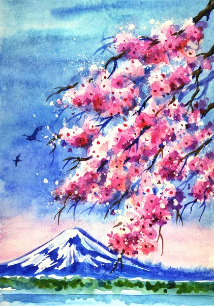 盛开的樱花和富士山在远方 春天的风景 水彩画 图片或海报上 — 图库照片