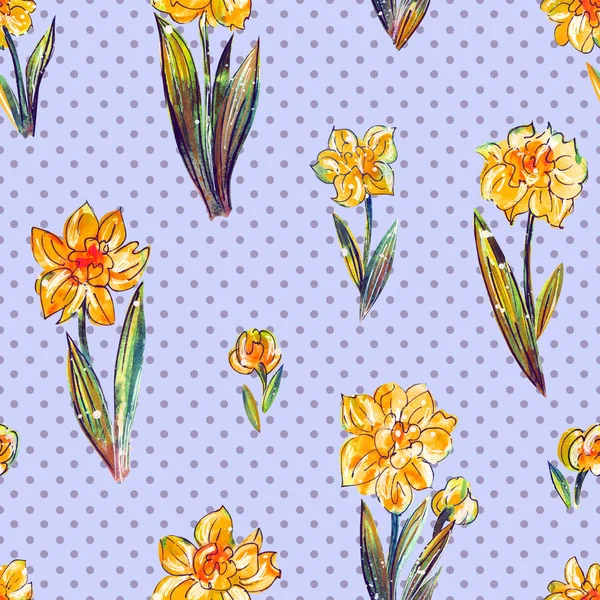 Daffodils Seamless Pattern Purple Polka Dot Background Spring Floral Print — Stock Photo, Image