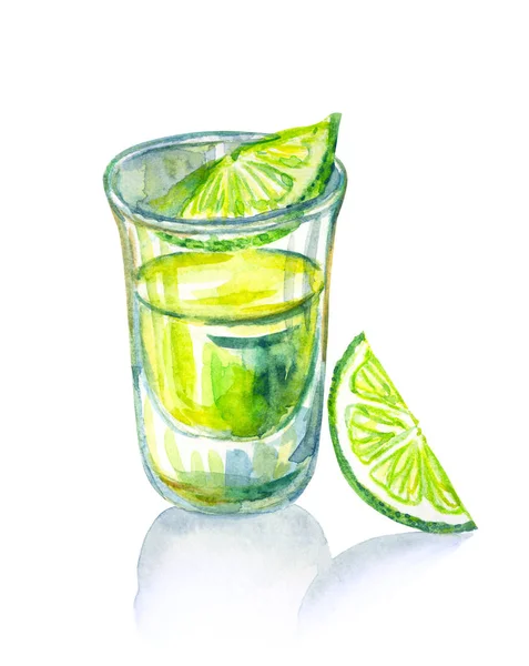 Tequila Ett Shotglas Med Lime Skivor Akvarell Illustration Vit Bakgrund — Stockfoto