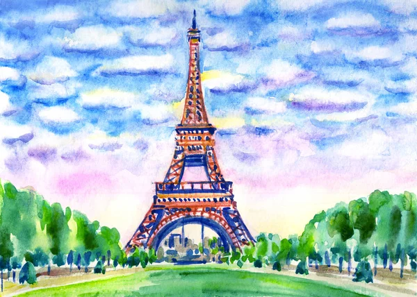 Krajobraz Paryża Wieżą Eiffla Malarstwo Akwarelowe Pejzaż Miejski Szkic — Zdjęcie stockowe