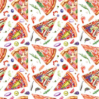 Beyaz arka planda pizza ve içerik deseni, suluboya resimleme, kumaş için baskı veya çeşitli tasarımlar için arkaplan.