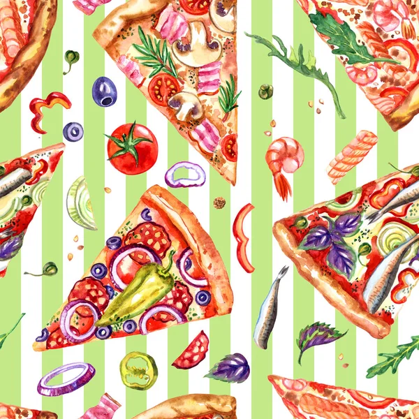 Pattern Pizza Its Ingredients Striped Background Watercolor Illustration Print Fabric — 스톡 사진