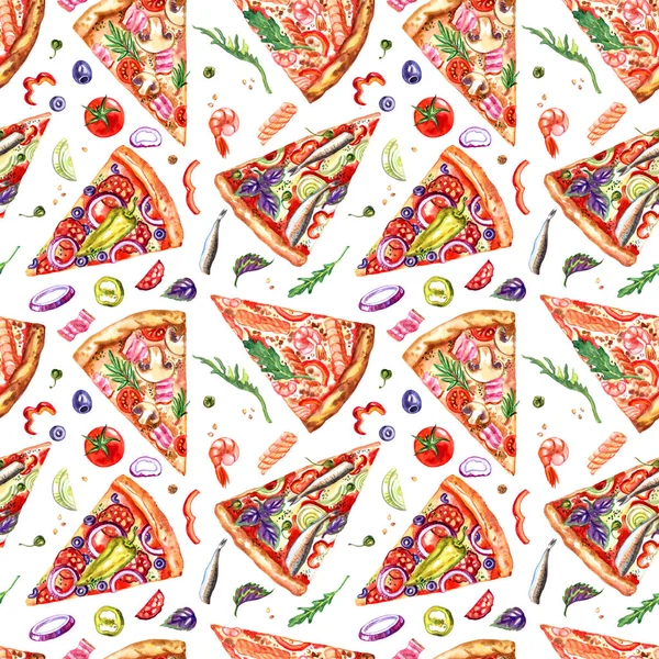 Pizza Its Ingredients Pattern White Background Watercolor Illustration Print Fabric — 스톡 사진