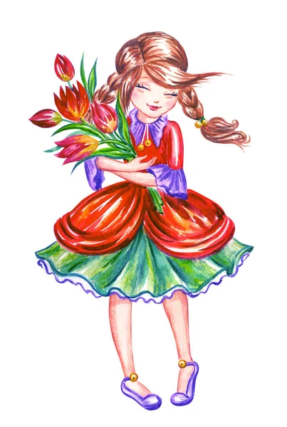 Girl Bouquet Tulips Watercolor Illustration White Background Isolated Baby Picture — 스톡 사진