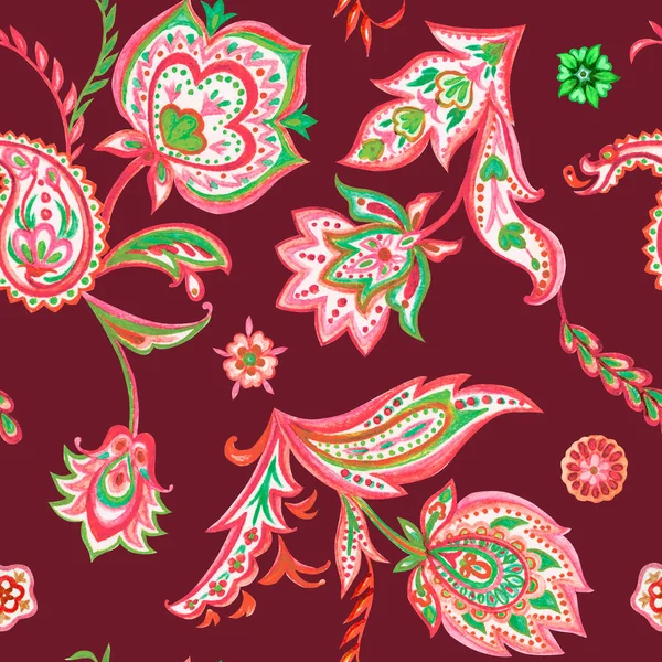 Sömlös Paisley Mönster Handritning Maroon Bakgrund — Stockfoto