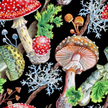 Siyah arka planda mavi sineklerin, yosunların ve zehirli mantarların kusursuz desenleri..