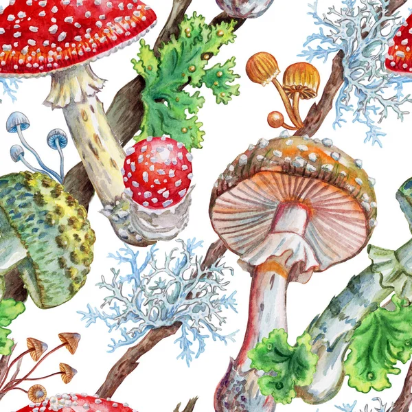 Seamless Pattern Fly Agarics Grebes Mosses Lichens Watercolor Hand Drawing — 스톡 사진