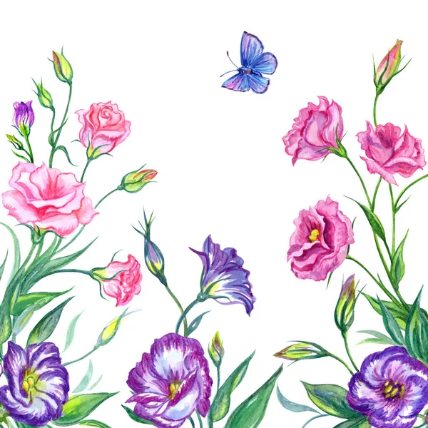 Fleurs Eustomes Illustration Aquarelle Sur Fond Blanc Carte Carrée Florale — Photo