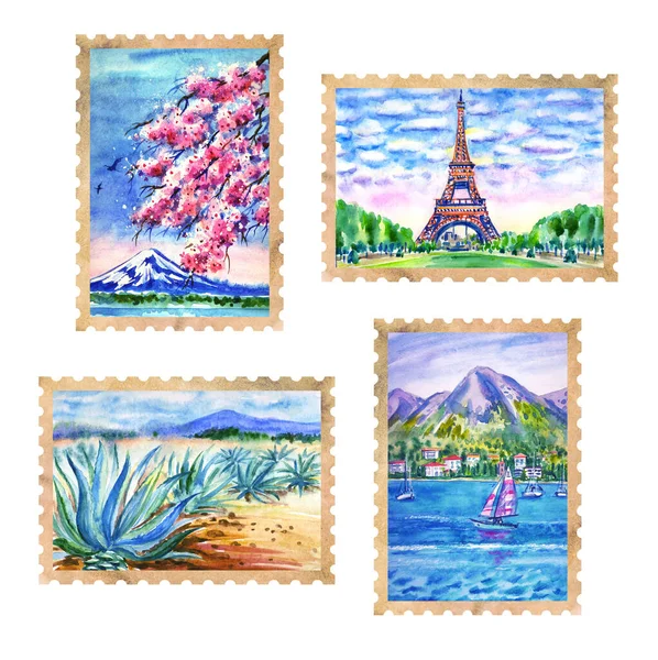 Почтовые Марки Пейзажи Путешествий Париж Франция Эйфелева Башня Сакура Фудзияма — стоковое фото