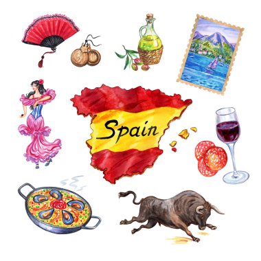 İspanya haritası ve sembolleri: flamenko, paella, zeytinyağı, şarap, abur cubur, boğa, deniz manzarası, beyaz arkaplanda suluboya çizimi.