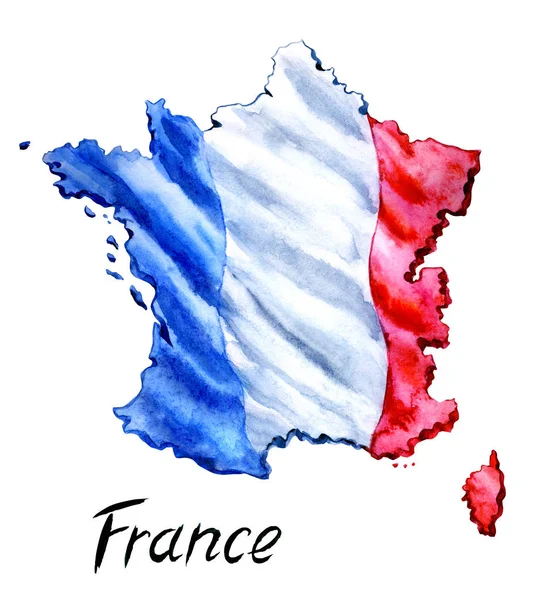 背景に旗が描かれたフランス地図と白地に描かれた水彩画 フランス — ストック写真