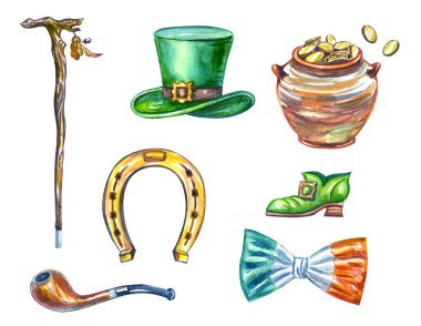 Set for St. Patrick's Day: staff, smoking pipe, horseshoe, leprechaun hat, pot of gold coins, boot, watercolor painting on a white background, clipart, isolated.