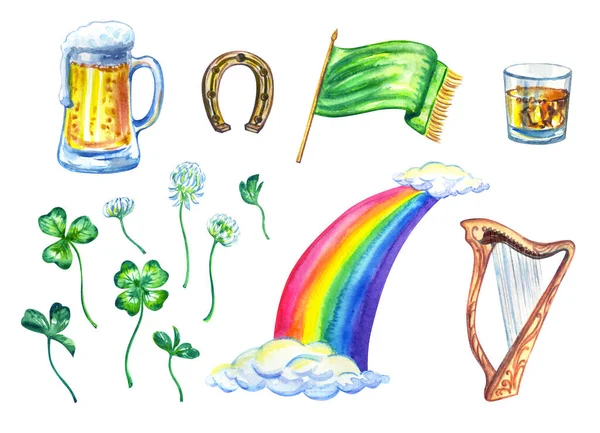 Set Patrick Day Beer Mug Glass Whiskey Clover Horseshoe Rainbow — Stock Fotó
