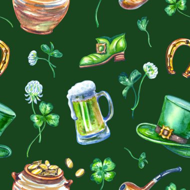 St. Patrick's Day symbols seamless pattern on dark green background: leprechaun clothes, pot of coins, clover, smoking pipe, mug with ale.
