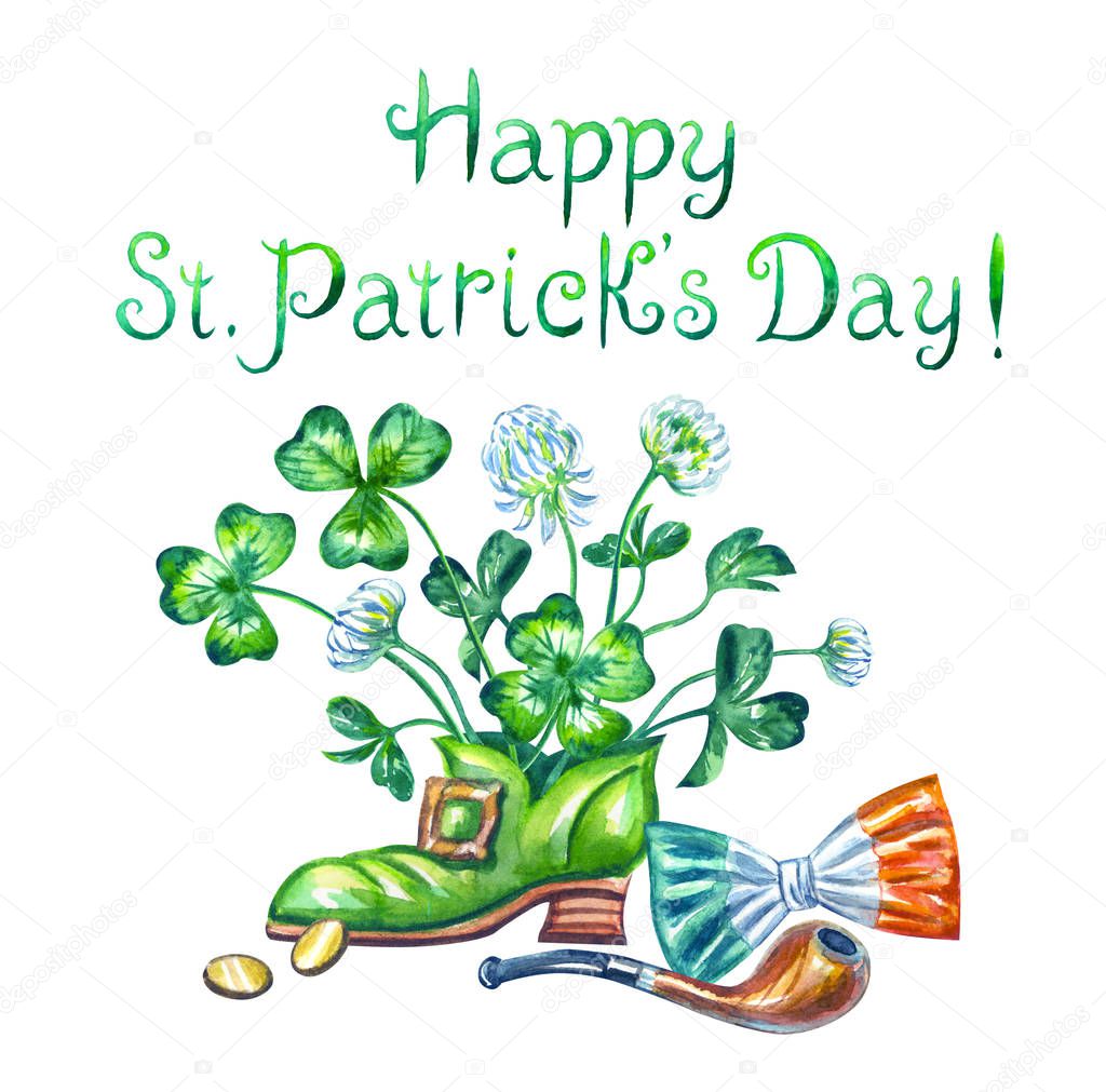 Patrick's day greeting card with boot, clover, smoking pipe, coins and bow-tie the color of the Irish flag, watercolor illustration on white isolated background.