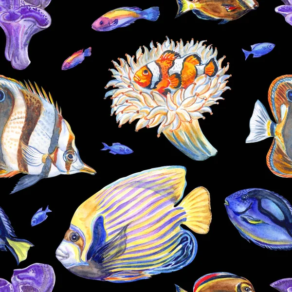 Naadloos Patroon Van Zeevissen Koralen Anemonen Een Zwarte Achtergrond Aquarelillustratie — Stockfoto