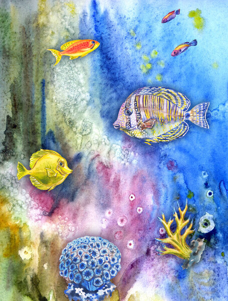 Fish and corals at the bottom of the sea, poster or picture on an animalistic theme, watercolor illustration.
