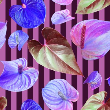 Çizgili bir arkaplanda mor renklerde derlenmemiş Anthurium deseni, fotorealistik kolaj, kumaş baskısı, çeşitli tasarımlar için arkaplan.