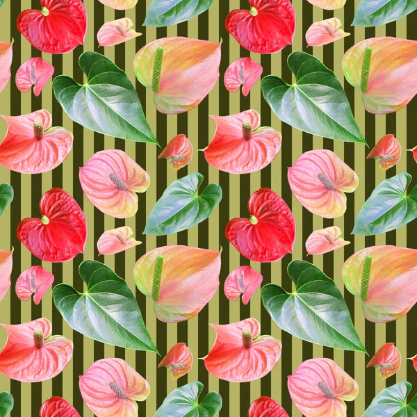 Anthurium Seamless Pattern Striped Background Photorealistic Collage Print Fabric Background — Stock Photo, Image