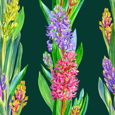 Koyu yeşil arka planda paralel çizgiler şeklinde kusursuz sümbül deseni, suluboya çizimi, kumaş ve diğer tasarımlar için çiçek deseni.