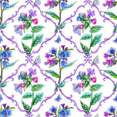 Beyaz arkaplanda desenli eşkenleri olan kusursuz akciğer otu ve kelebek deseni, suluboya çizimi, kumaş ve çeşitli tasarımlar için baskılar..