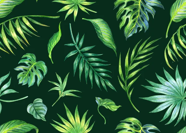 热带树叶的无缝图案 绿色背景上的水彩画 面料和其他图案的印刷品 — 图库照片