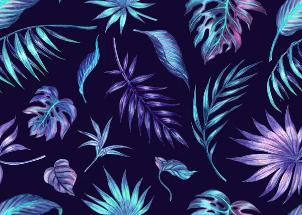 热带树叶无缝图案 紫蓝色调 水彩画 面料印刷 各种设计的背景 — 图库照片