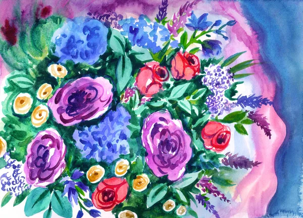 明るい抽象的な水彩の花束 ポスター 絵画や他のデザインのための芸術的な花のプリント — ストック写真