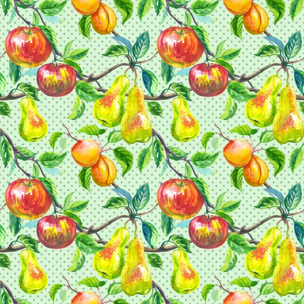 Ripe Fruits Seamless Pattern Apples Pears Apricots Pale Green Polka — Stock Photo, Image