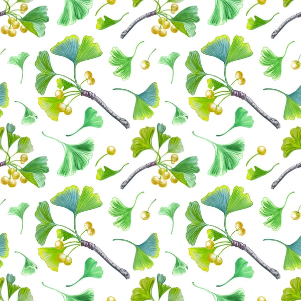 Seamless Pattern Twigs Berries Ginkgo Leaves White Background Watercolor Floral — Stock Photo, Image