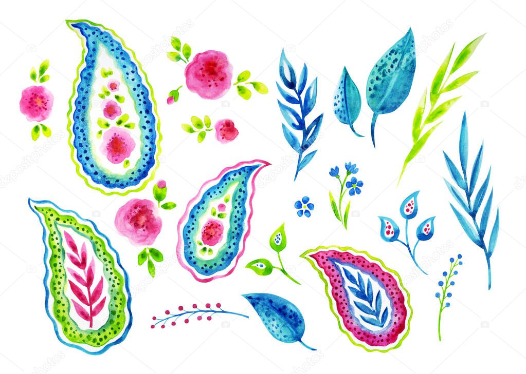 Set of paisley and abstract flowers, watercolor illustration on a white background, isolated.