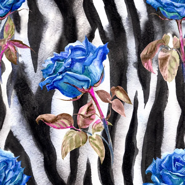 Motif Sans Couture Roses Bleues Sur Fond Peau Zèbre Illustration — Photo