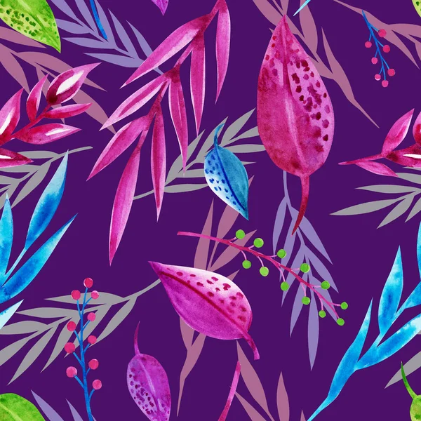 Motif Sans Couture Feuilles Tropicales Sur Fond Violet Illustration Aquarelle — Photo