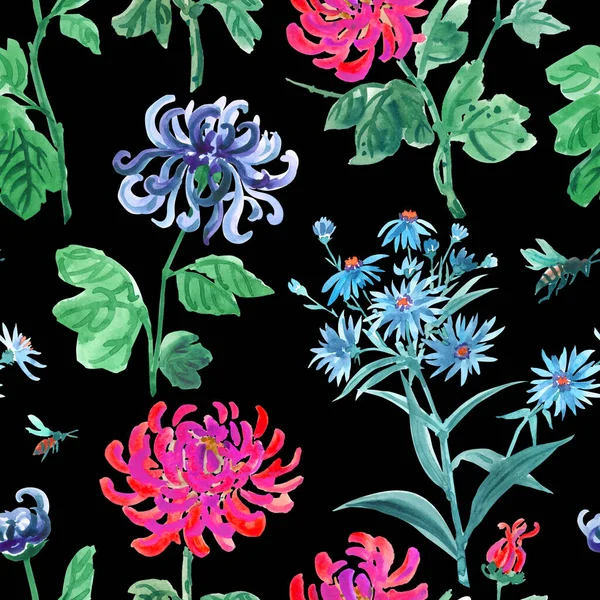 菊花在黑色背景上无缝图案 水彩画 各种图案的花卉背景 织物印花 — 图库照片