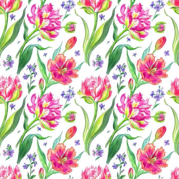Tulips seamless pattern on a white background, watercolor drawing, floral background for various designs, print for fabric