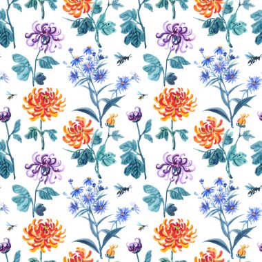 Beyaz bir zemin üzerinde kasımpatı deseni, suluboya çizimi, çeşitli tasarımlar için çiçek arkaplanı, kumaş baskısı