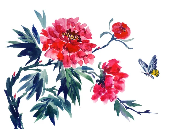 Peonia Rossa Farfalla Volante Illustrazione Acquerello Sfondo Bianco Isolato Pittura — Foto Stock