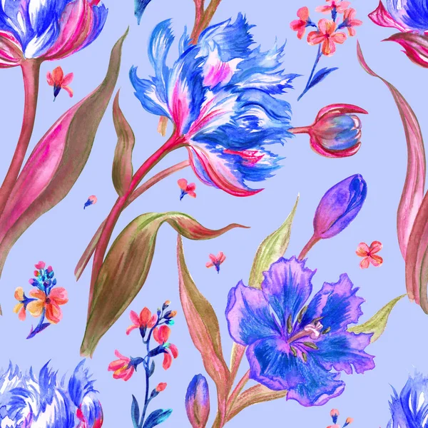 Безшовний Візерунок Тюльпанів Синьо Фіолетових Тонах Ретро Стилі Акварельна Ілюстрація — стокове фото